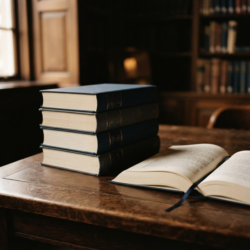 A stack of scholarly hardcover books beside an open book